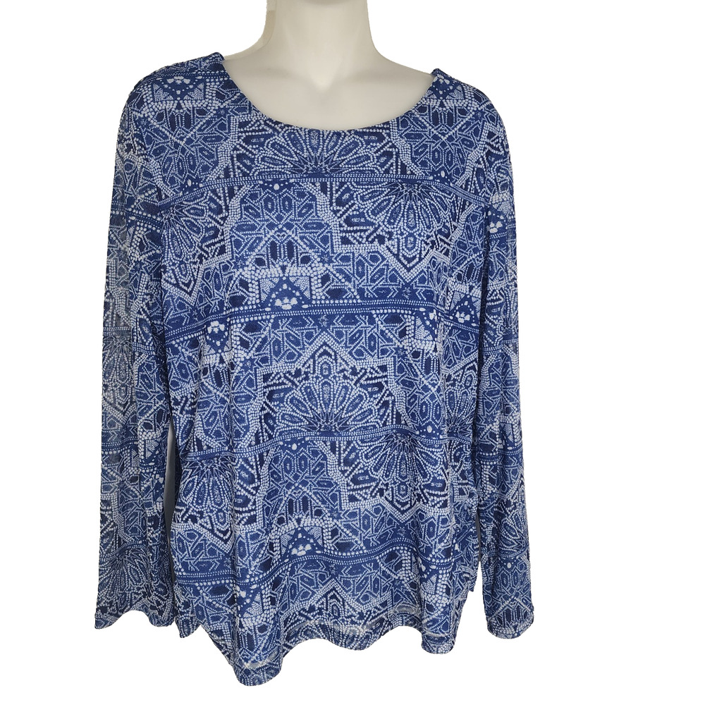 Chico's Womens Top Geometric Blue Size Large Lined 100% Nylon Sheer Long Sleeve